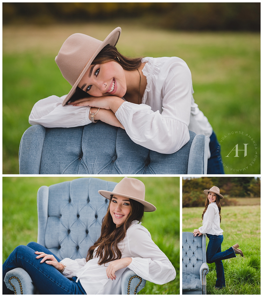 Rustic Senior Pictures in Green Field | Posing With Cute Blue Chair | Photographed by the Best Tacoma, Washington Senior Photographer Amanda Howse Photography