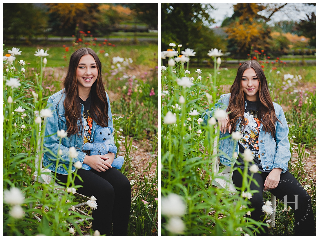 Fun Senior Portraits in Flowery Filed | Graphic Tee with Floral Design and Jean Jacket, Wild Hearts Farm, Washington State Photography | Photographed by the Best Tacoma, Washington Senior Photographer Amanda Howse Photography