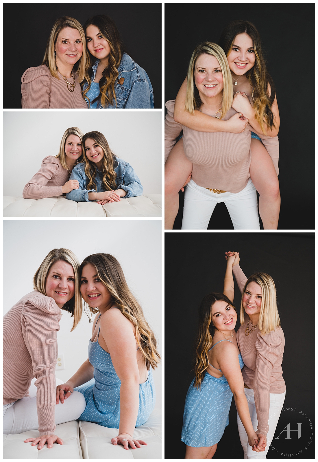 Mother's Day Portraits at Studio253 | Beige and Blue Mom and Daughter Outfit Ideas | Photographed by the Best Tacoma Washington Senior Photographer Amanda Howse Photography