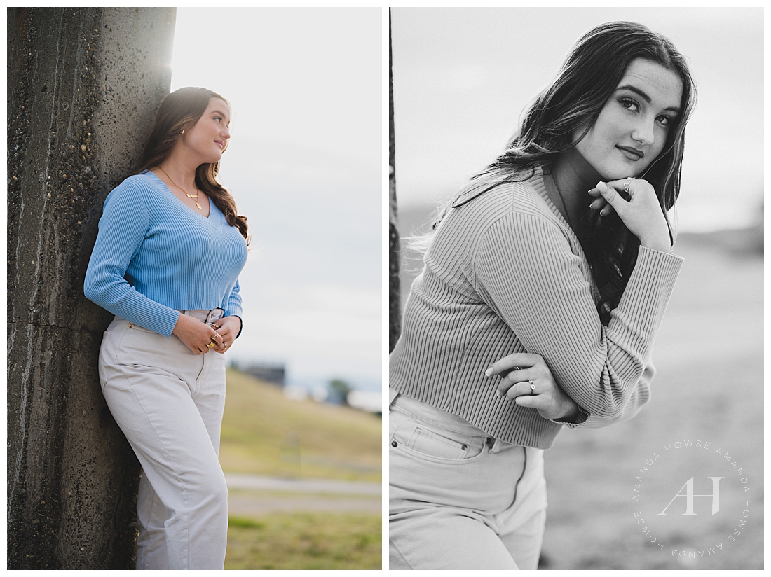B&W Contrast Senior Portraits at Chambers Bay | Blue Sweater and White Pants Fit Inspo | Photographed by the Best Tacoma, Washington Senior Photographer Amanda Howse Photography