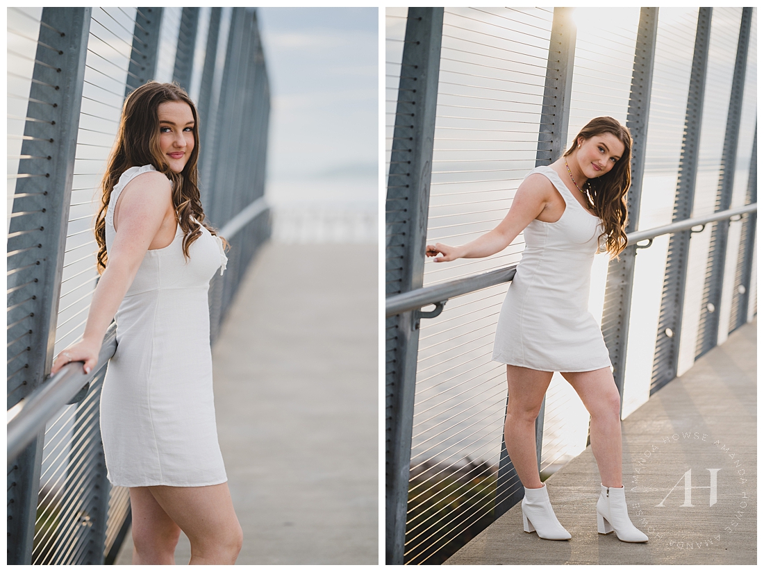 Bright White Monochrome Look For Senior Girls | Sunny Bridge Poses in Washington, Cute Retro Ankle Boots | Photographed by the Best Tacoma, Washington Senior Photographer Amanda Howse Photography