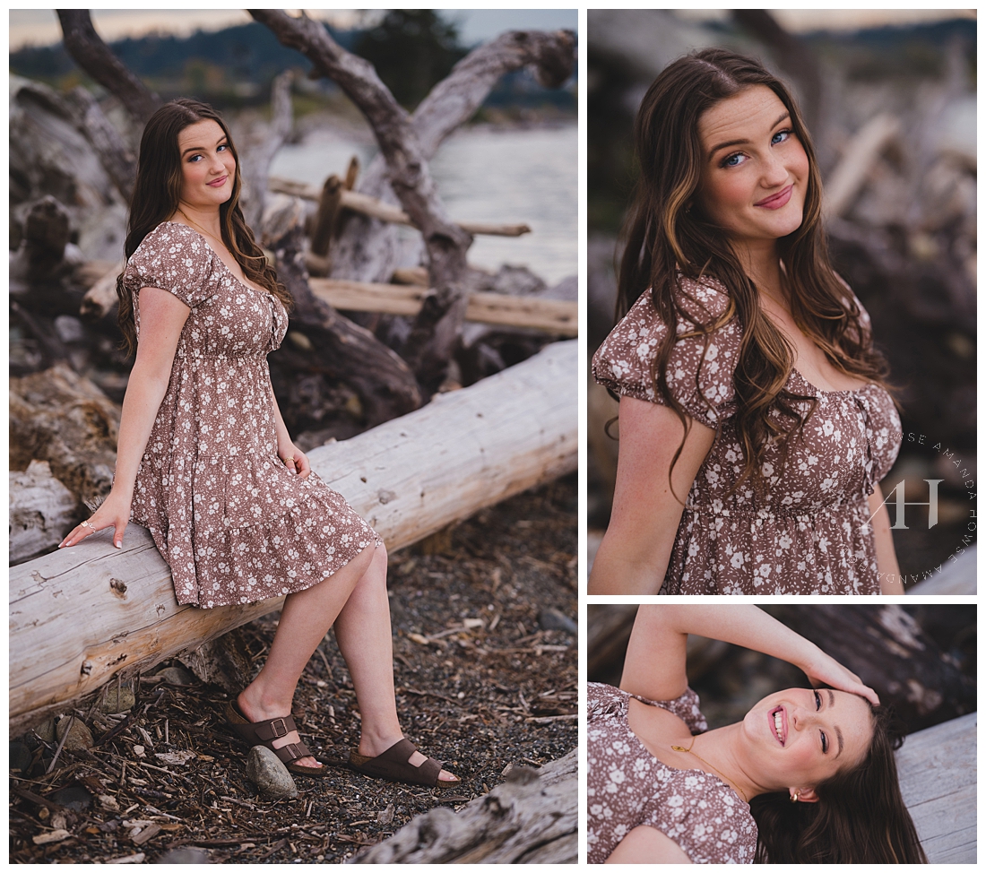 Cute Beachfront Senior Portraits with Driftwood Bench | Sundress and Birks Outfit Ideas, Pink and Brown Themed Fit | Photographed by the Best Tacoma, Washington Senior Photographer Amanda Howse Photography