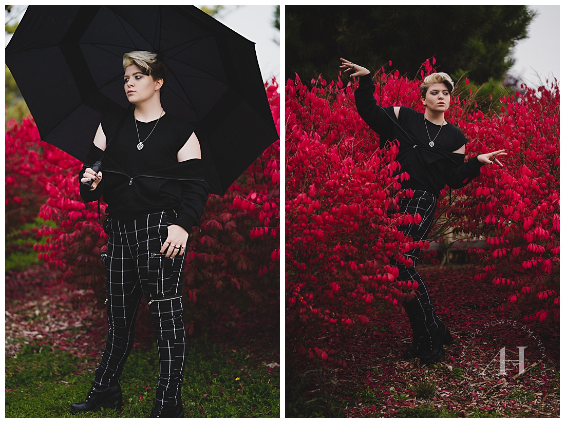 PNW Rainy Day Photoshoot with Black Umbrella | Bright Red Natural Background, Checkered Zippered Pants and Combat Boots | Photographed by the Best Tacoma, Washington Senior Photographer Amanda Howse Photography