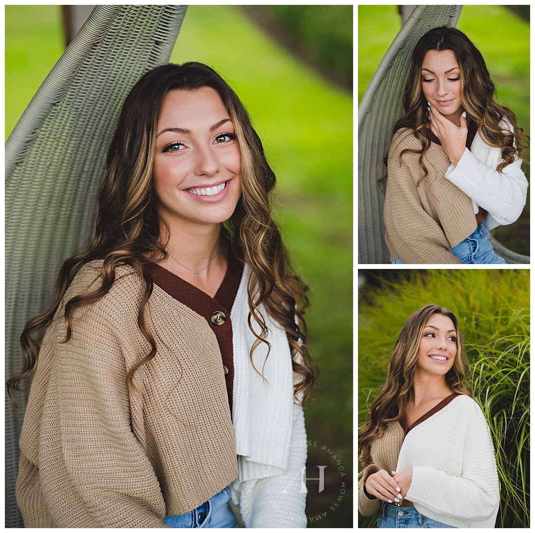Mid-October Senior Portraits on Outdoor Chair Swing | Tri-Toned Neutral Sweater with Jeans, Cute Senior Girl Fit Ideas | Photographed by the Best Tacoma, Washington Senior Photographer Amanda Howse Photography