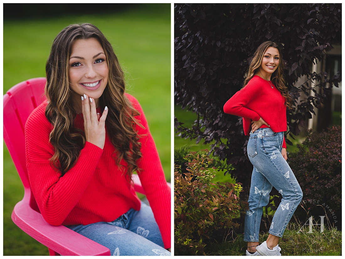 Outdoor Fall Lake Portraits | Bright Red Sweater and Butterfly Jeans | Photographed by the Best Tacoma, Washington Senior Photographer Amanda Howse Photography