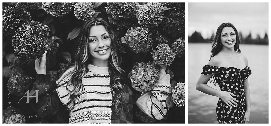 Lake Side Senior Portraits in Black and White | Cute Fall Sweaters and Floral Minidress | Photographed by the Best Tacoma, Washington Senior Photographer Amanda Howse Photography