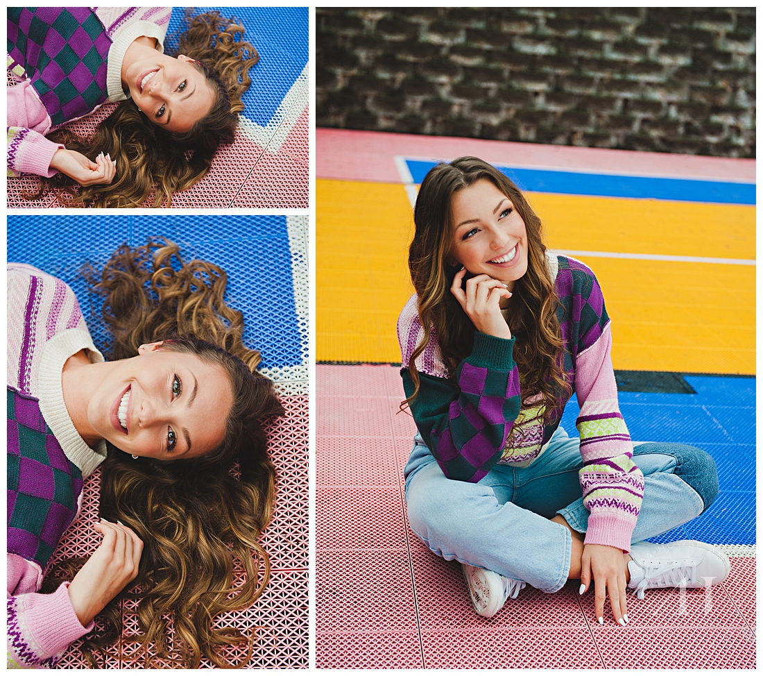 Fun and Colorful Senior Portraits on Outdoor Tennis Court | Artsy and Athletic Photos, Cute and Colorful Sweaters For Autumn | Photographed by the Best Tacoma, Washington Senior Photographer Amanda Howse Photography
