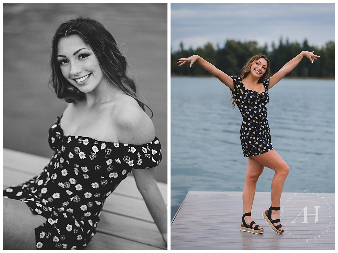 Fun Lake Side Photos For Seniors | Black Mini Dress With White and Yellow Sunflowers, Lake Outfit Ideas | Photographed by the Best Tacoma, Washington Senior Photographer Amanda Howse Photography