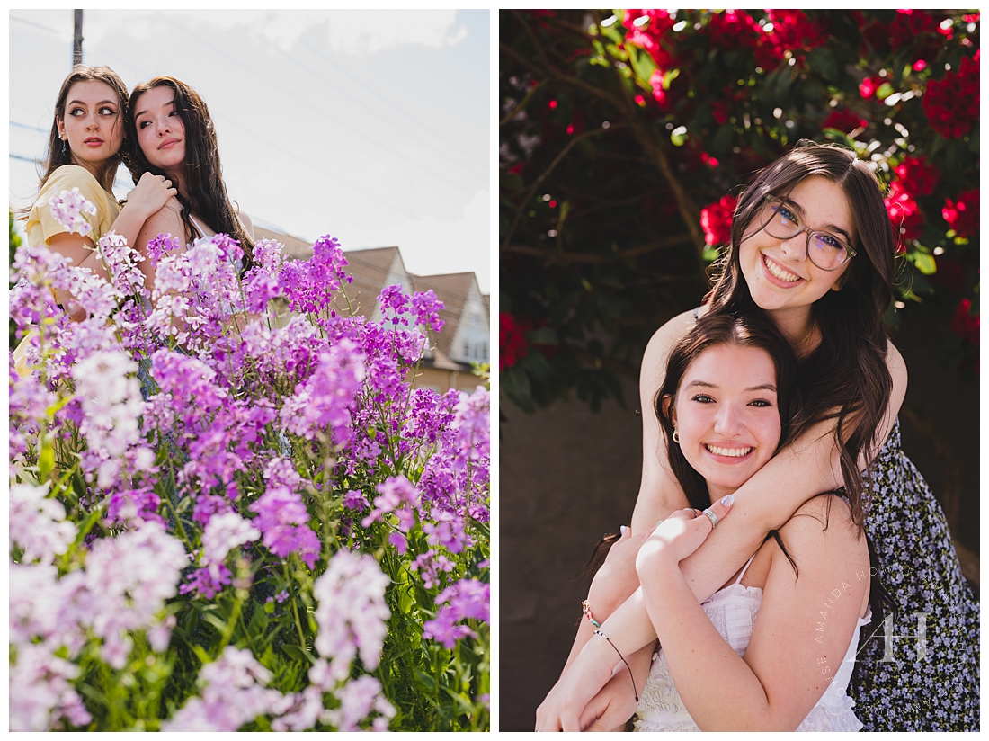 Cute Pairs Shot with Model Team Girls | Pink and Purple Spring Flowers | Photographed by the Best Tacoma, Washington Senior Photographer Amanda Howse Photography