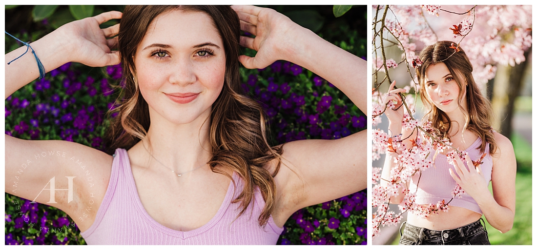Playing Among the Cherry Blossoms | Spring Portrait Ideas For High School Seniors, Pretty in Pink | Photographed by the Best Tacoma, Washington Senior Photographer Amanda Howse Photography