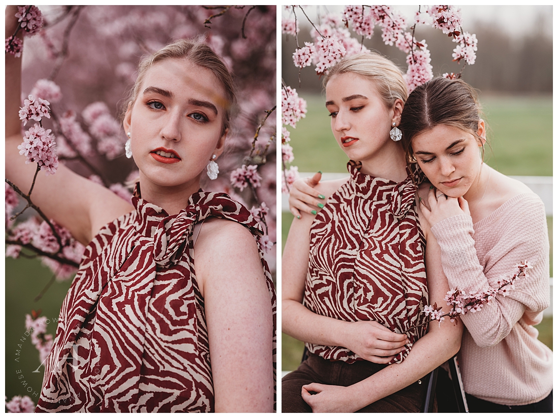 Model Team Group Shoot with Spring Cherry Blossom Tree | Chic Zebra Print Outfit Inspo | Photographed by the Best Tacoma, Washington Senior Photographer Amanda Howse Photography