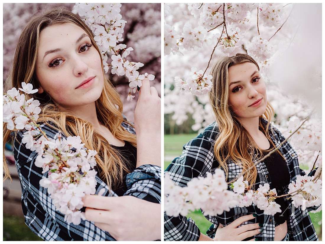 Sweet Senior Pose Ideas in Soft Pink Cherry Blossom Trees | PNW Cherry Blossom Seasons, Washington State Model Team Portraits | Photographed by the Best Tacoma, Washington Senior Photographer Amanda Howse Photography