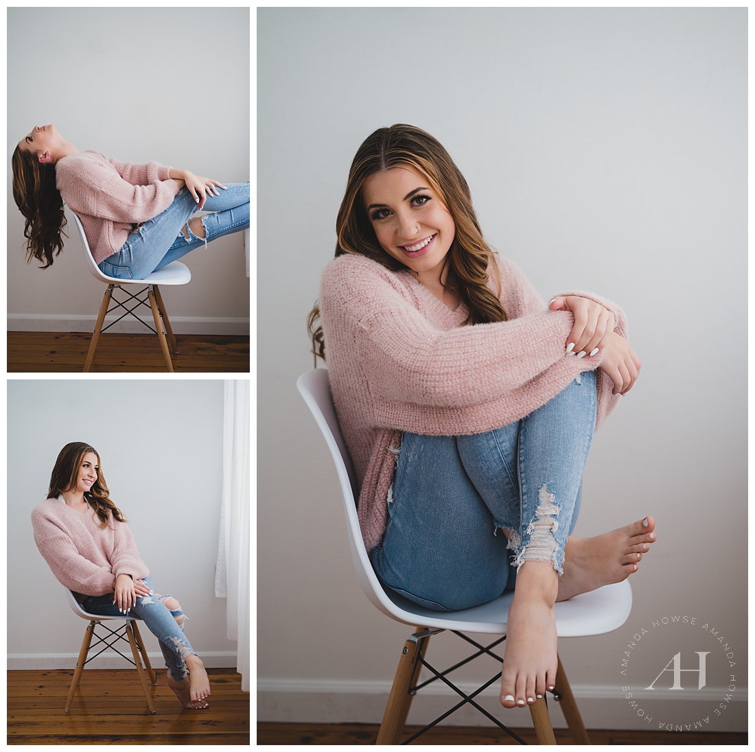 Posing Senior Portraits With White Chair | Cozy Chunky Sweater and Ripped Jeans | Photographed by the Best Tacoma, Washington Senior Photographer Amanda Howse Photography