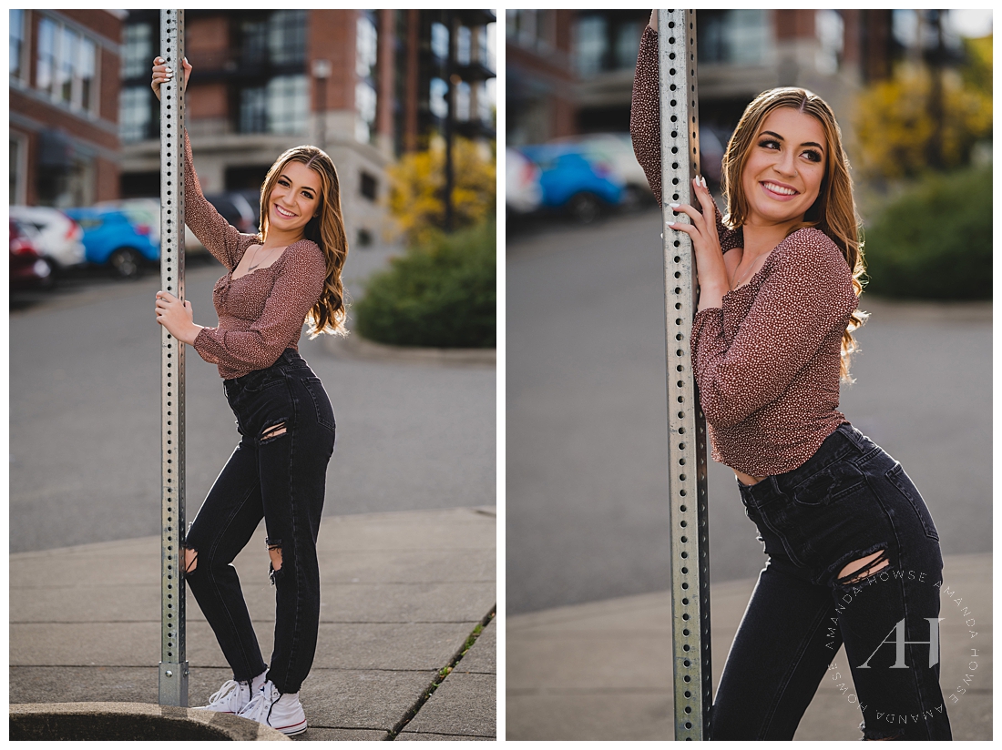 Urban Senior Session in Downtown Tacoma | Cute AE Long Sleeve Shirt and Black Ripped Jeans | Photographed by the Best Tacoma, Washington Senior Photographer Amanda Howse Photography