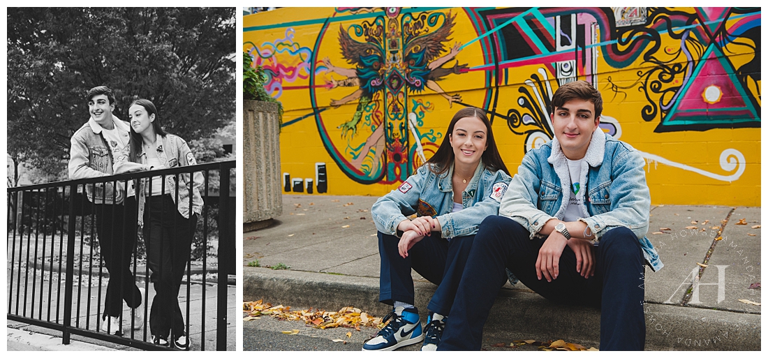 Urban Senior Portraits With Twins in Downtown Tacoma | Colorful Wall Mural Background | Photographed by the Best Tacoma, Washington Senior Photographer Amanda Howse Photography