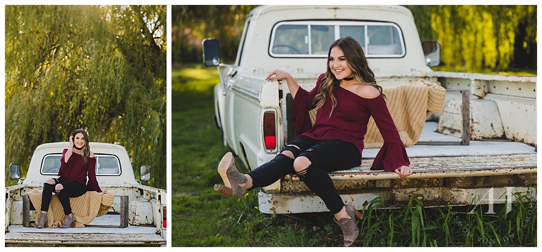 Cute Country Portraits in White Pick-Up Truck | Wild Hearts Farm Senior Portraits | Photographed by the Best Tacoma, Washington Senior Photographer Amanda Howse Photography