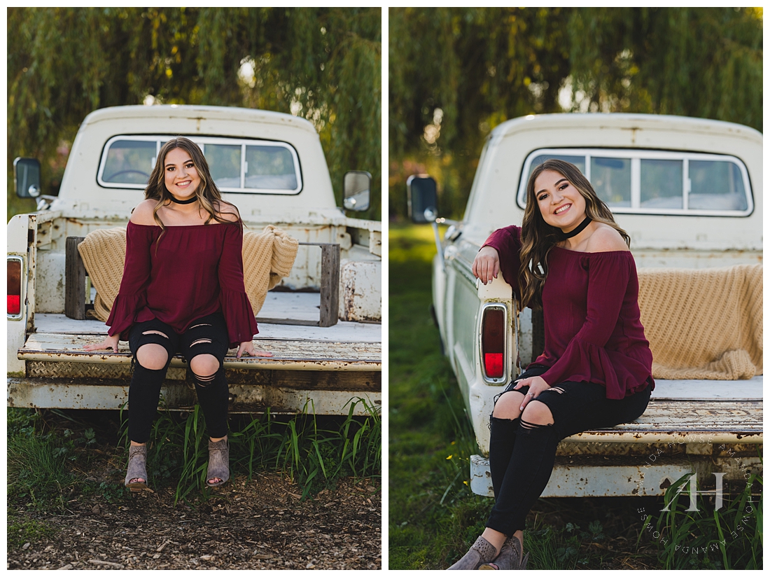 Cute Senior Pictures with Rustic Truck | Maroon Long Sleeve Outfit Ideas For Fall With Booties | Photographed by the Best Tacoma, Washington Senior Photographer Amanda Howse Photography