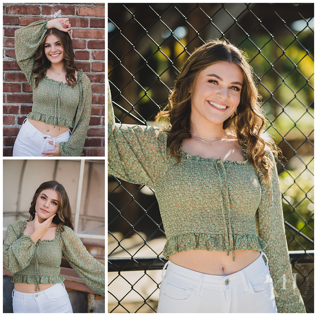 Fun and Flirty Senior Pose Ideas For High Schoolers | Flowy Green Shirt and White Jean Outfit | Photographed by the Best Tacoma, Washington Senior Photographer Amanda Howse Photography