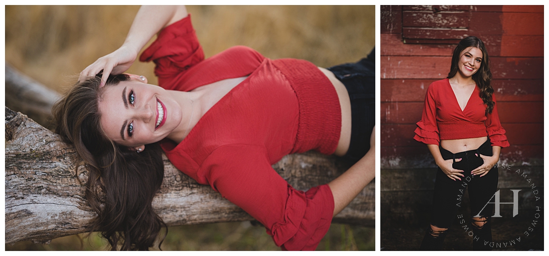 Cute Senior Outfit Ideas For September Session | Ruffled Sleeve Red Blouse with Ripped Black Jeans | Photographed by the Best Tacoma, Washington Senior Photographer Amanda Howse Photography