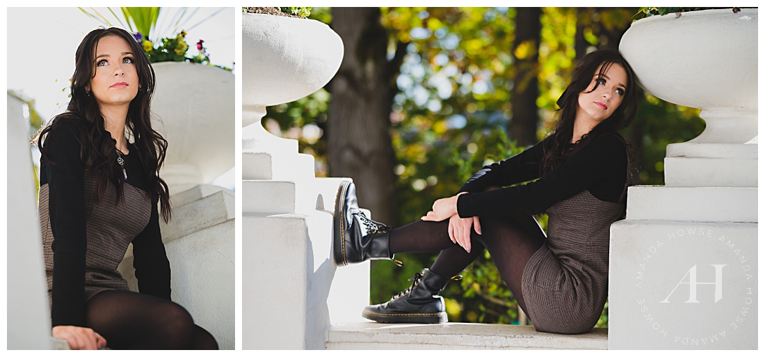 Dark Academia Styled Portraits | Senior Portraits on White Spanish Steps | Photographed by the Best Tacoma, Washington Senior Photographer Amanda Howse Photography