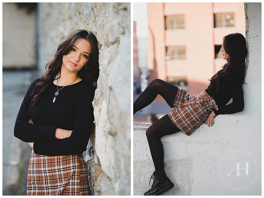 Cute Fall Inspired Outfit with Plaid Skirt and Tights | Rooftop Senior Portraits | Photographed by the Best Tacoma, Washington Senior Photographer Amanda Howse Photography