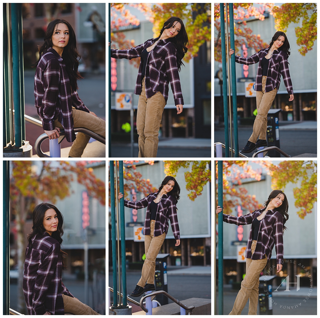 Fun Fall Senior Portraits in Theater District | Lamppost Pose Ideas For Classic Portraits, Singing in the Rain Photo Ideas For Fall | Photographed by the Best Tacoma, Washington Senior Photographer Amanda Howse Photography