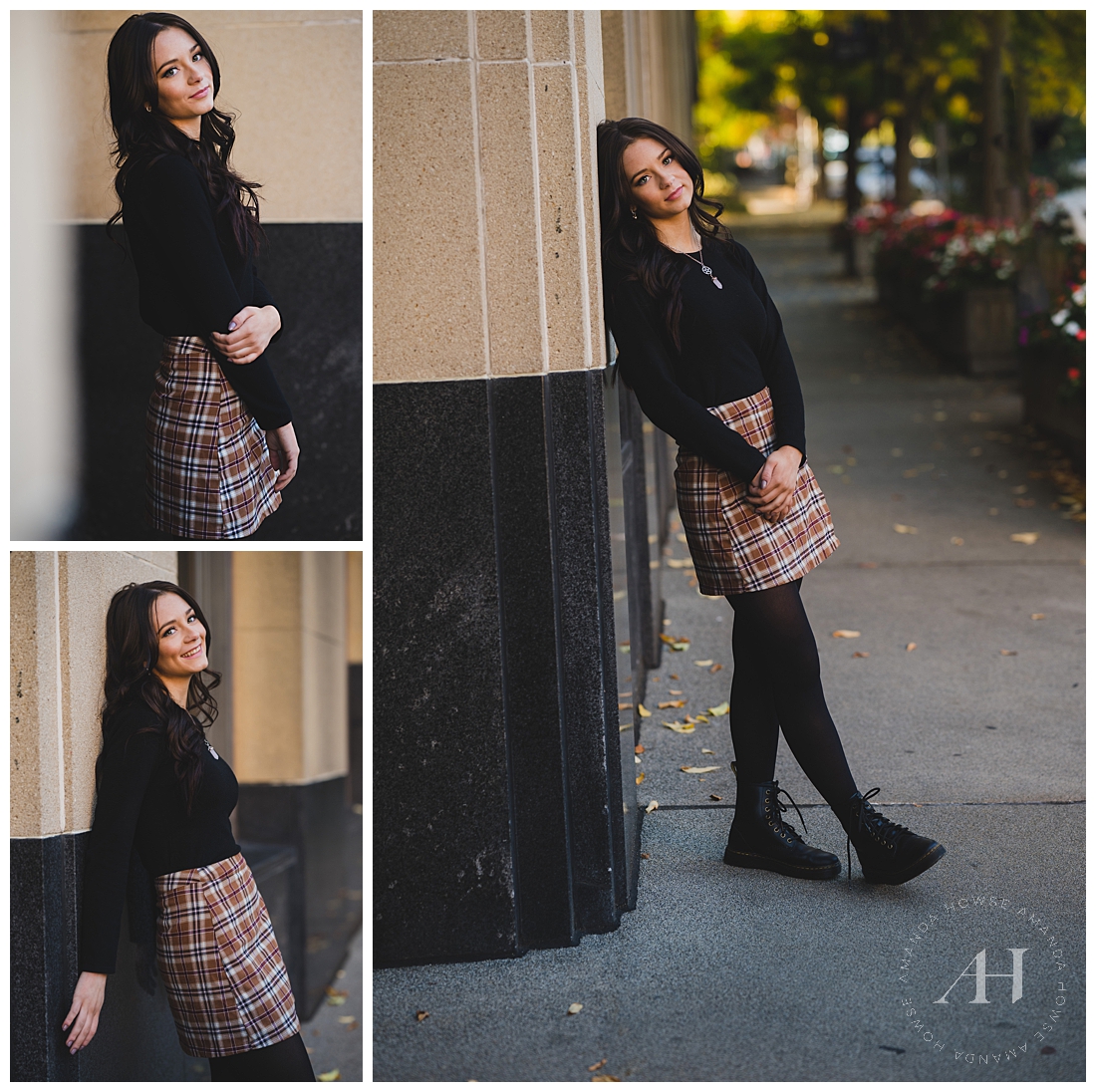City Center Senior Portraits in Downtown Tacoma | Dual-Marble Background with Fall Leaves | Photographed by the Best Tacoma, Washington Senior Photographer Amanda Howse Photography