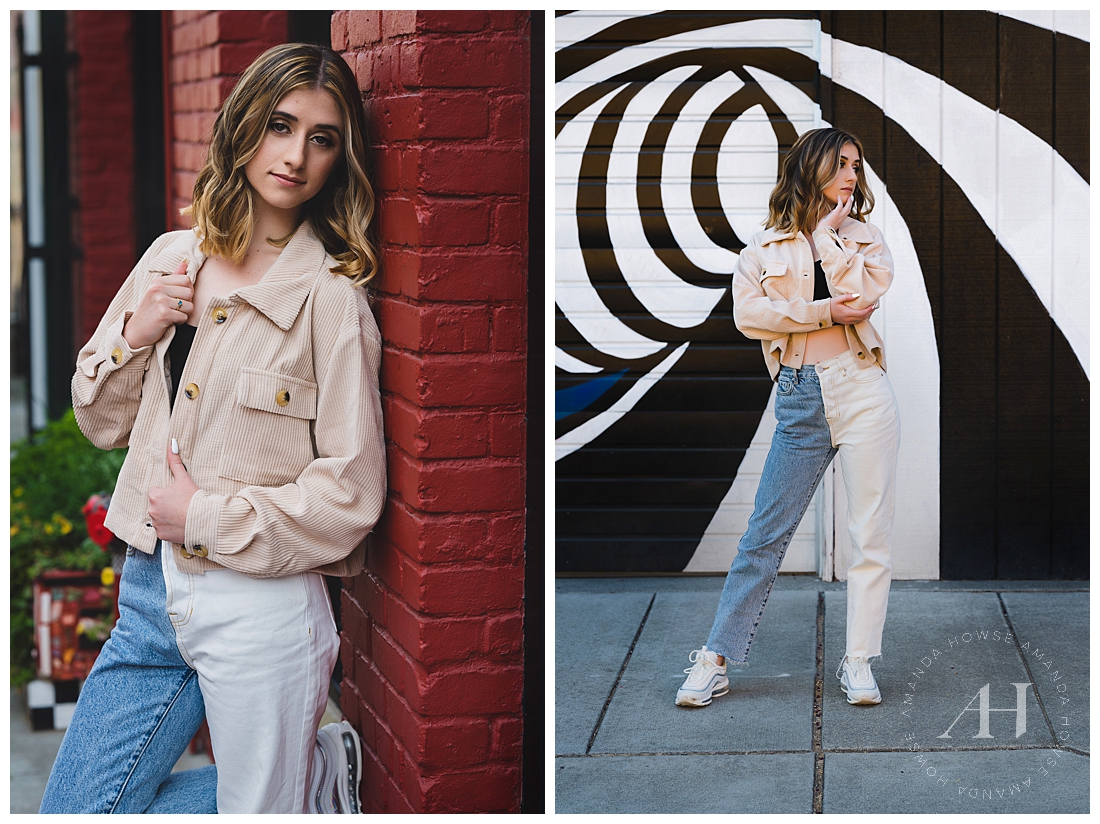2022 Senior Outfit Ideas | 2-Tone Jeans and Corduroy Jacket | Photographed by the Best Tacoma, Washington Senior Photographer Amanda Howse Photography