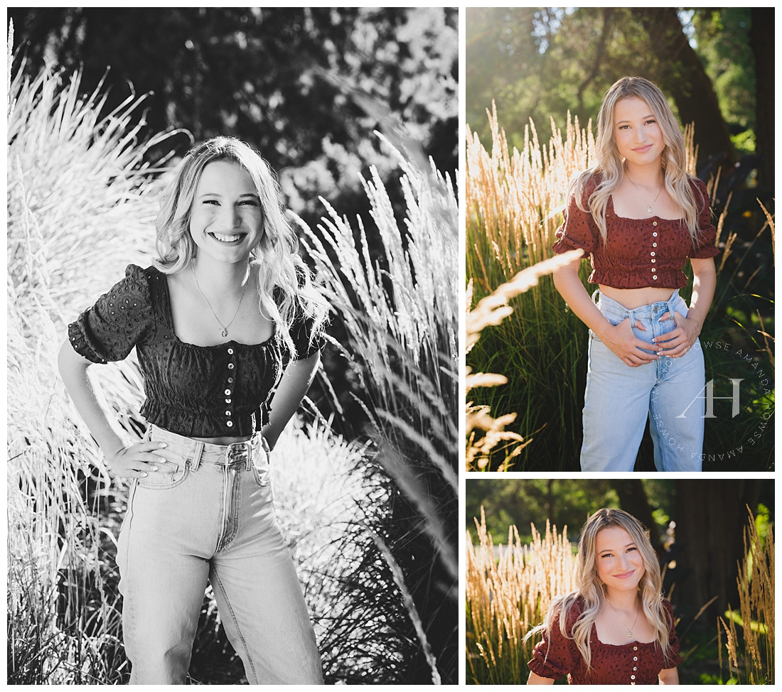Trendy Senior Outfit Ideas | Brown Top and Blue Jeans | Photographed by the Best Tacoma, Washington Senior Photographer Amanda Howse Photography