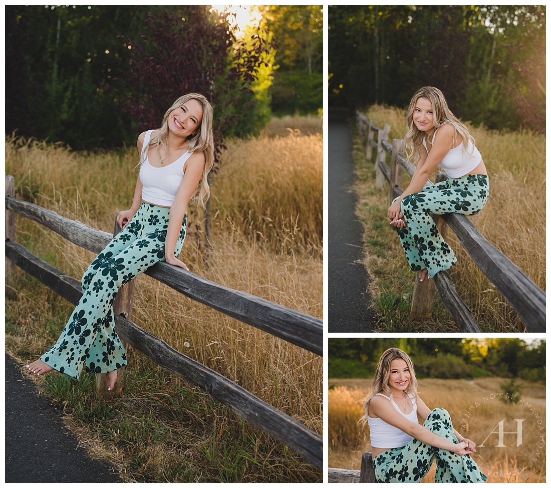 Fun Outdoor Senior Pose Ideas | Cute Green Floral Pants | Photographed by the Best Tacoma, Washington Senior Photographer Amanda Howse Photography