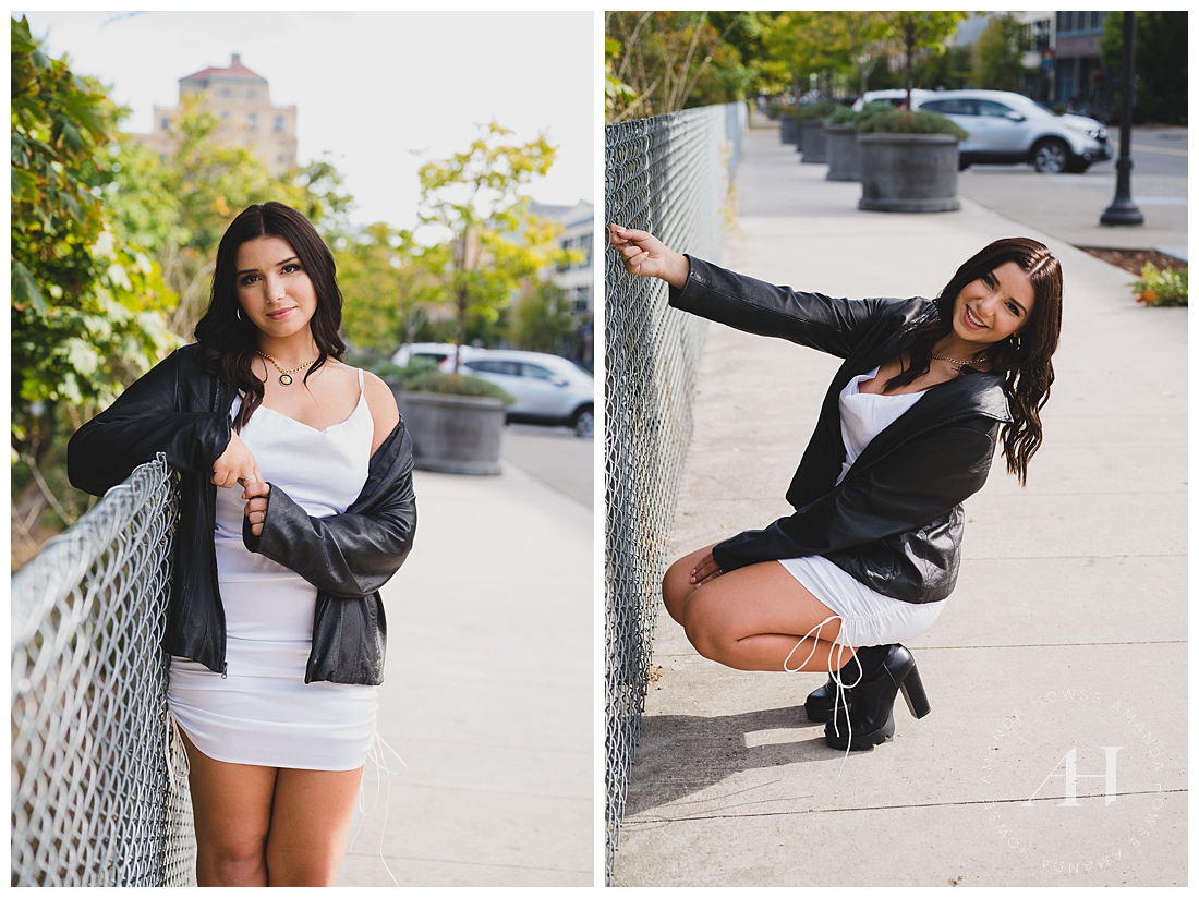 Downtown Tacoma Senior Portraits | Black Leather Jacket and White Dress | Photographed by the Best Tacoma, Washington Senior Photographer Amanda Howse Photography