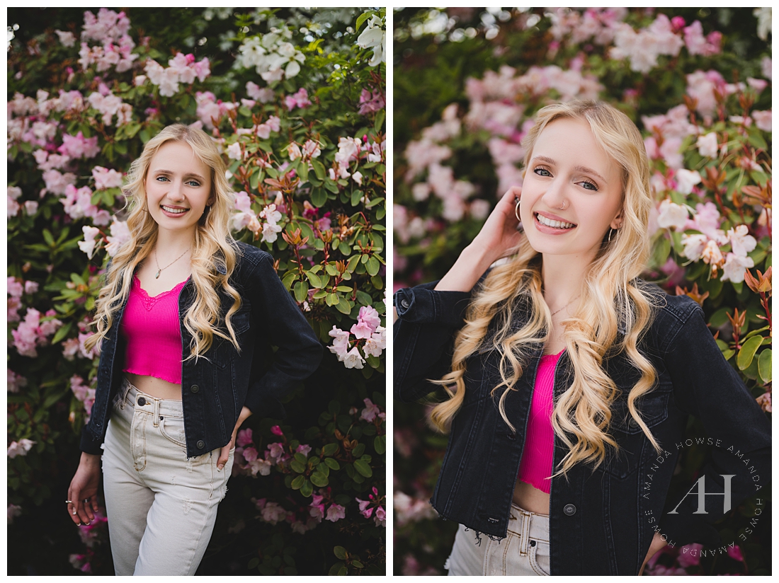 Colorful Senior Portraits with Pink Springtime Flowers | Photographed by the Best Tacoma, Washington Senior Photographer Amanda Howse Photography