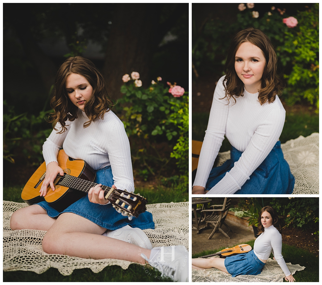 Cute Poses For High School Seniors | Guitar and Blankets with Flowers | Photographed by the Best Tacoma, Washington Senior Photographer Amanda Howse Photography