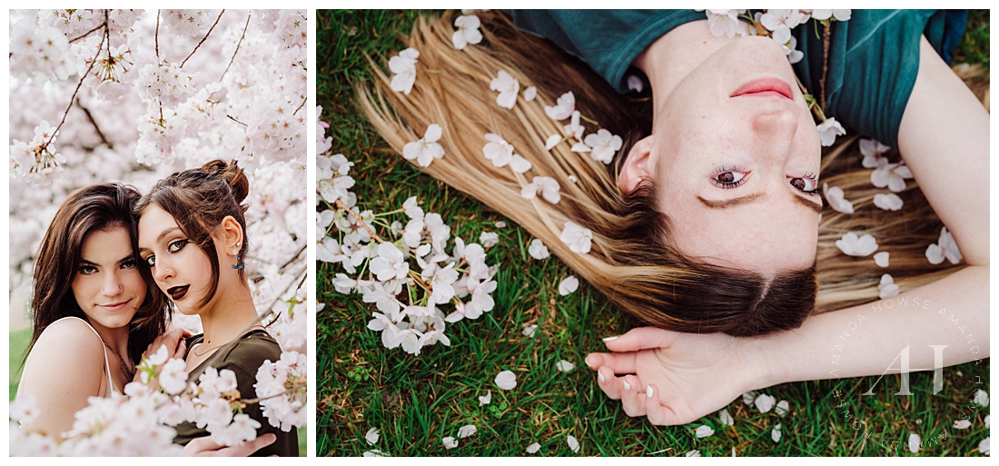 BFF Senior Portraits in Cherry Blossom Petals | Photographed by the Best Tacoma, Washington Senior Photographer Amanda Howse Photography