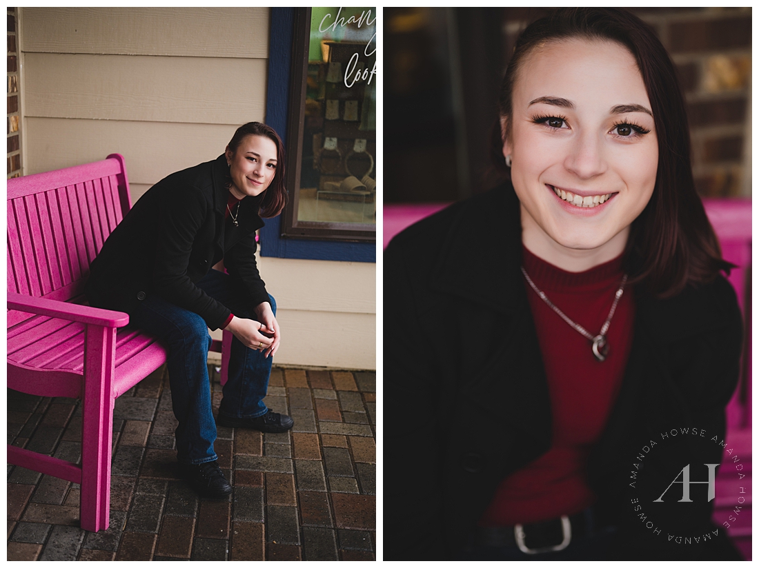 Cute Pink Bench Portraits on Gloomy PNW Day | Photographed by the Best Tacoma, Washington Senior Photographer Amanda Howse Photography