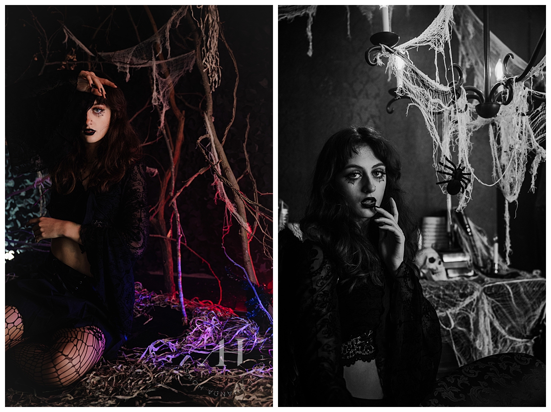 B&W Spider Halloween Portraits | Creative Spaces PNW Studios | Photographed by the Best Tacoma, Washington Senior Photographer Amanda Howse Photography