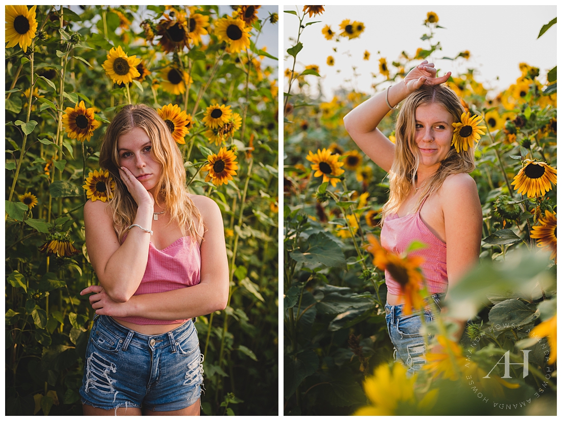 PNW Portraits | Cute Pink Tank Tops to Wear in Sunflower Field | Photographed by the Best Tacoma, Washington Senior Photographer Amanda Howse Photography