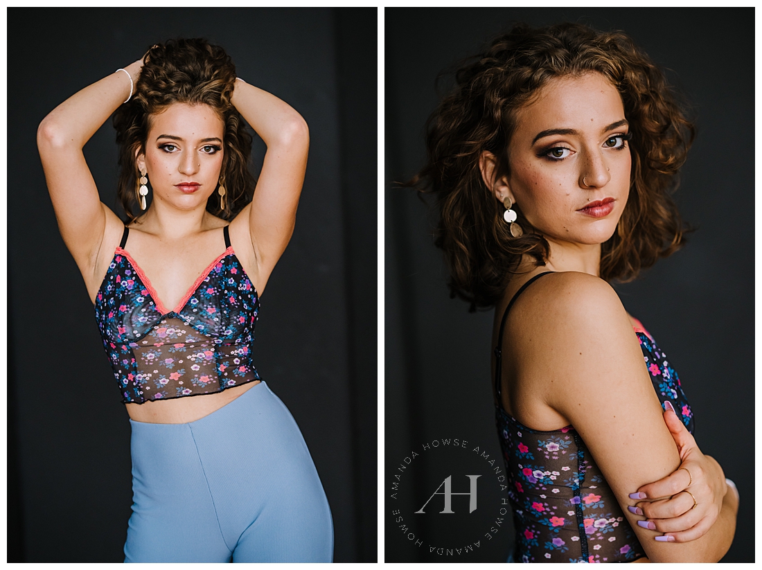 Cute Outfit Ideas For Model Portraits | Flowery Lace Top and Baby Blue Flare Pants | Photographed by the Best Tacoma, Washington Senior Photographer Amanda Howse Photography