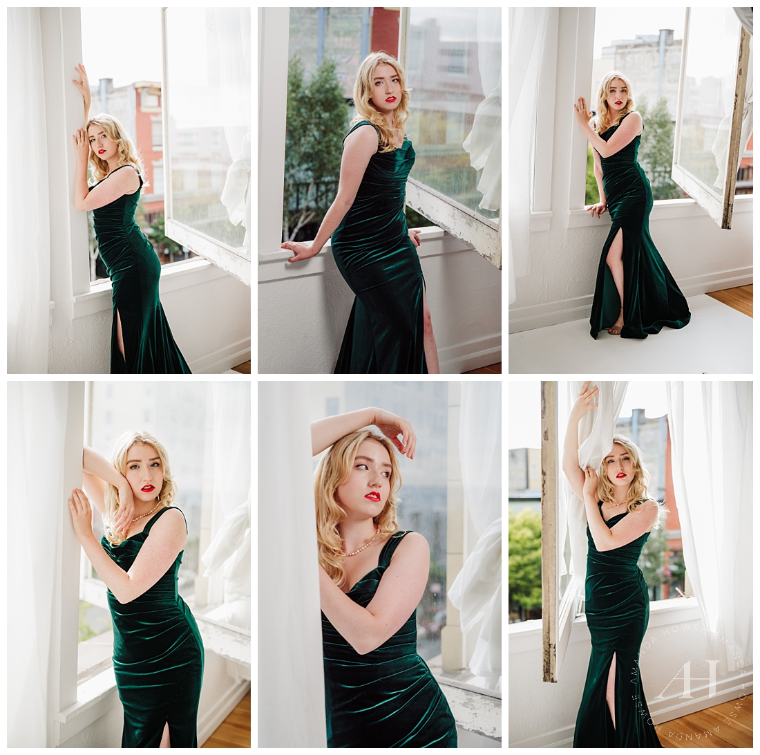 Evelyn Hugo Inspired Portrait Collage | Emerald Green Dress and Pearls | Photographed by Tacoma's Best Photographer Amanda Howse