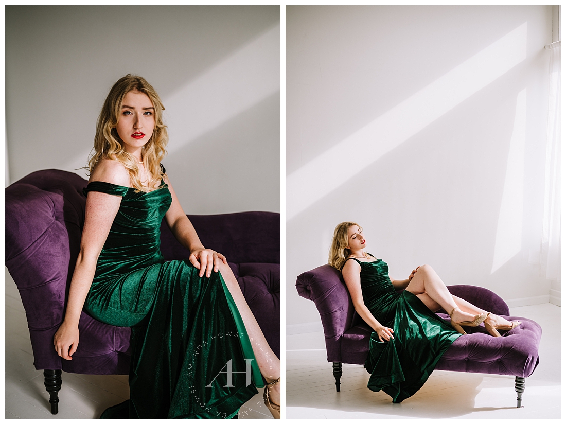 Blonde Starlet on Purple Chaise Lounge | How to Style a Themed Photoshoot | Photographed by Tacoma's Best Photographer Amanda Howse