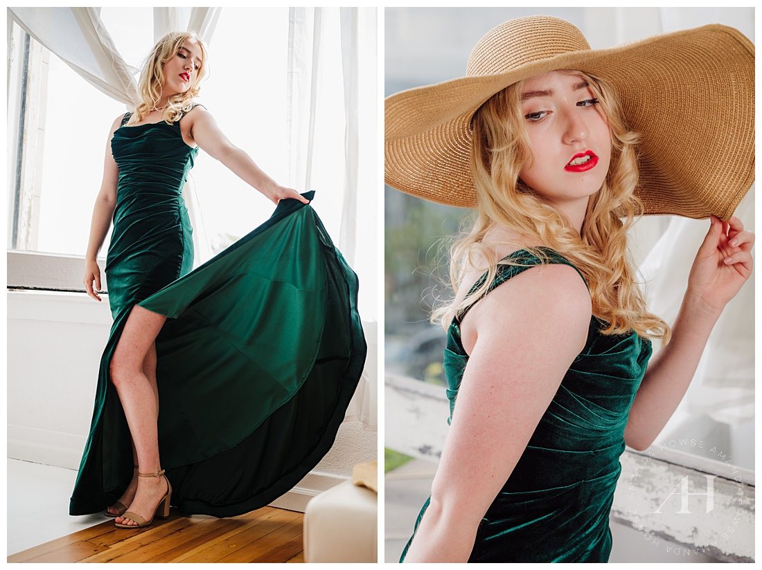Bringing Back Old Hollywood Fashion | Studio 253 Styled Shoot, Green Dress and Sunhat Old Hollywood Beach Outfit | Photographed by Tacoma's Best Photographer Amanda Howse