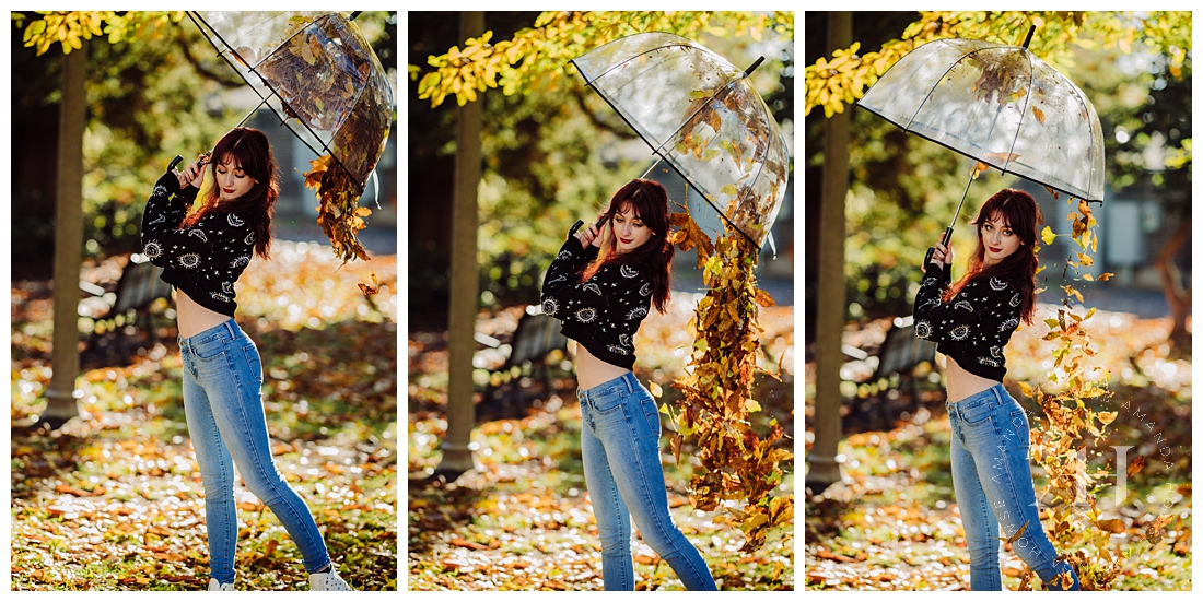 Trendy Senior Pose Ideas For Fall | TikTok Umbrella and Leaves | Photographed by the Best Tacoma, Washington Senior Photographer Amanda Howse Photography
