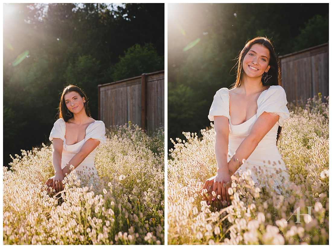 Sunny Springtime Senior Portraits | White Wildflowers | Photographed by the Best Tacoma, Washington Senior Photographer Amanda Howse Photography