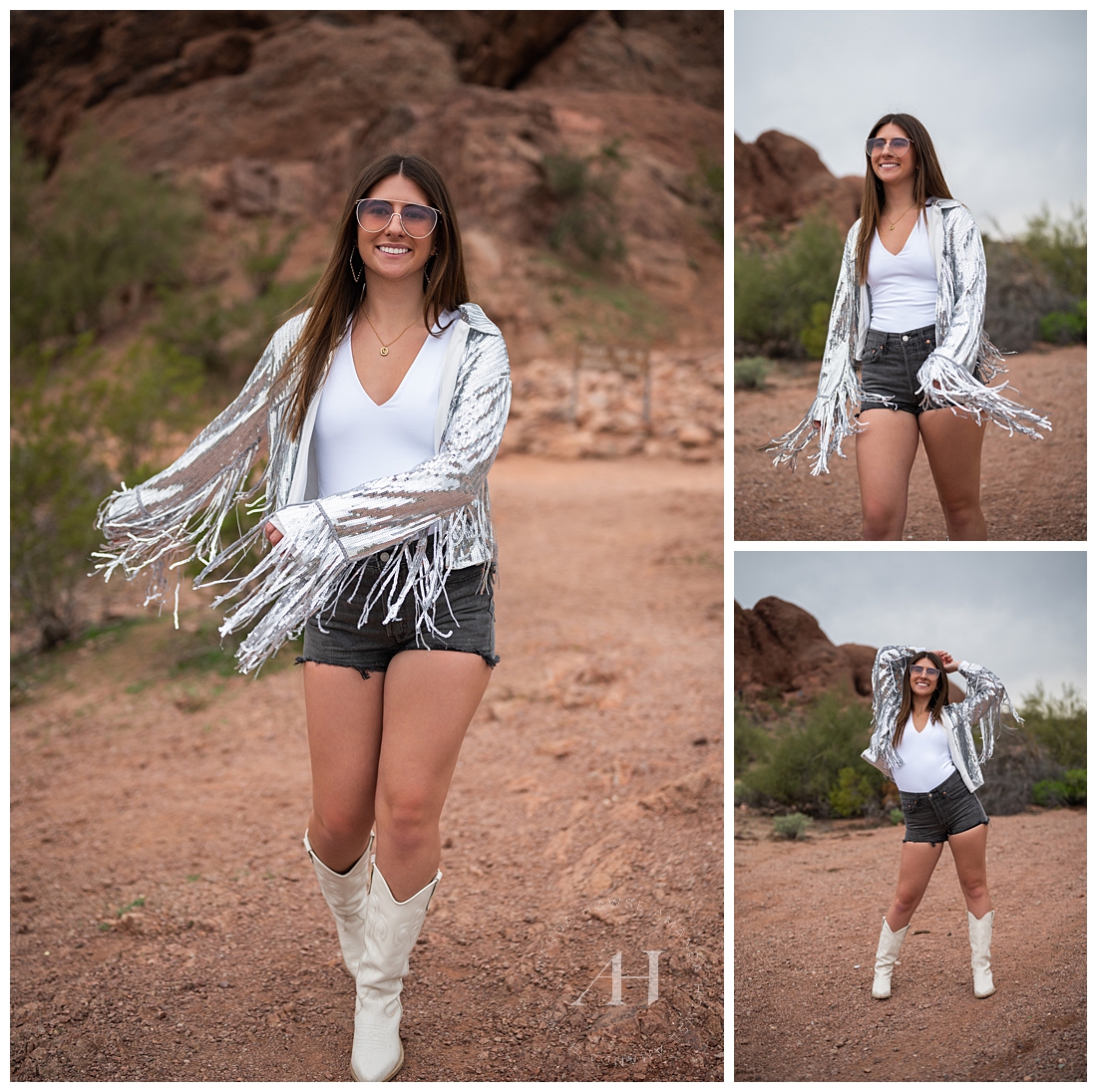 Cute and Bold Outfit Ideas For Summer Desert Shoot | Tinsel Jacket and White Cowgirl Boots | Photographed by the Best Tacoma, Washington Senior Photographer Amanda Howse Photography