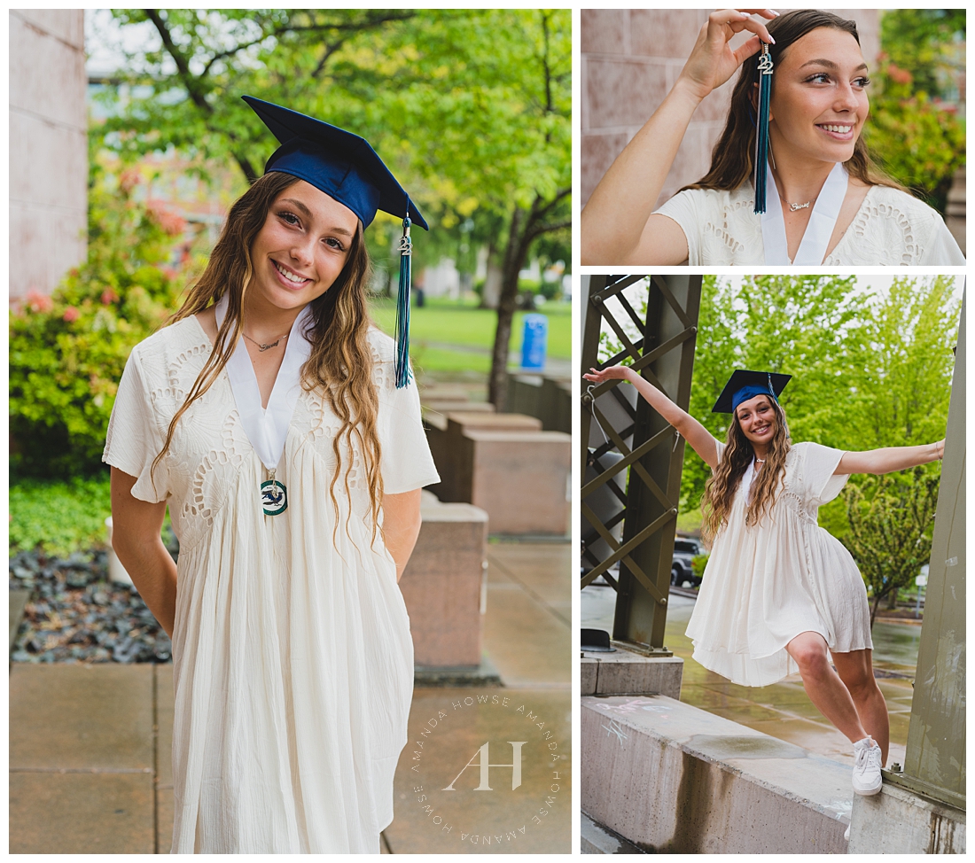 Modern White Dress Graduation Portraits in Tacoma | Fun Ideas For Outdoor Grad Portraits | Photographed by the Best Tacoma Senior Portrait Photographer Amanda Howse