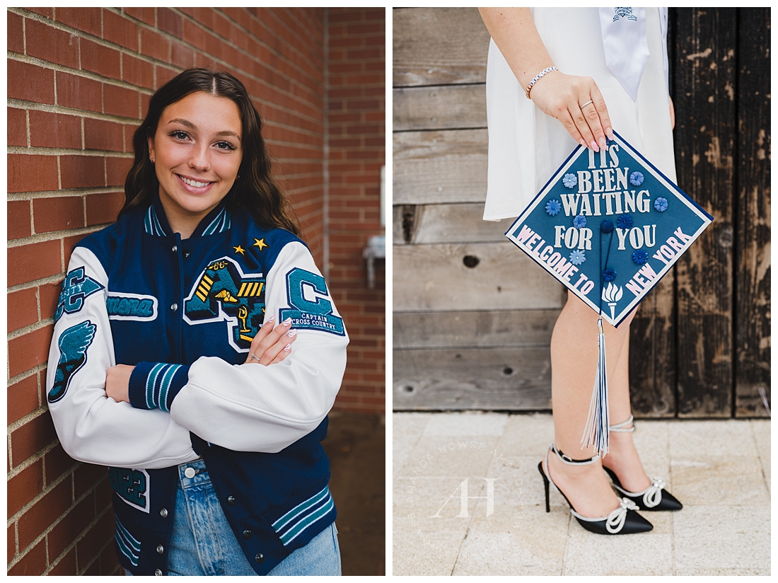 Personalized Cap and Gown Photos with Cute Cap Design and Letterman Jacket | Photographed by the Best Tacoma Senior Portrait Photographer Amanda Howse