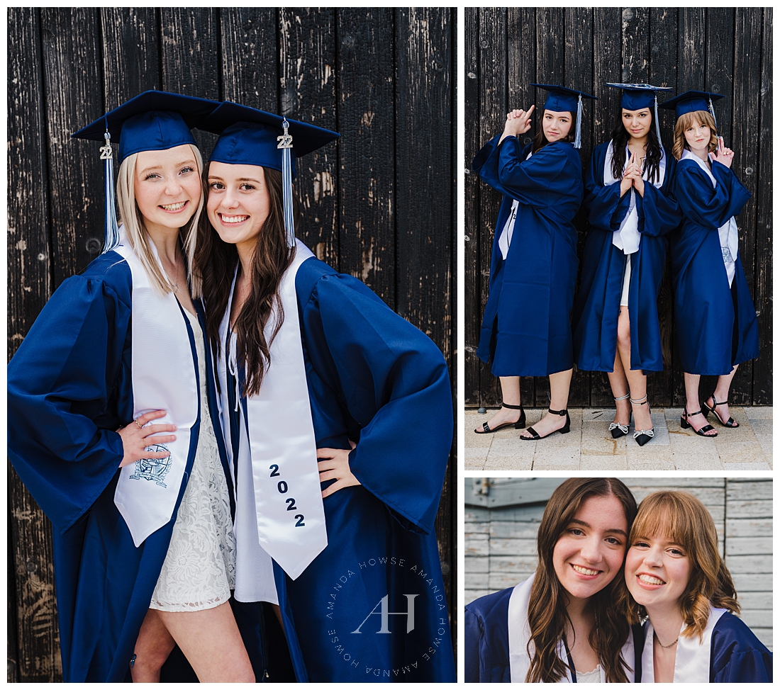 Navy Blue Cap and Gown Portrait Inspo For High School Seniors | Cute BFF Poses for Grad Portraits | Photographed by the Best Tacoma Senior Portrait Photographer Amanda Howse