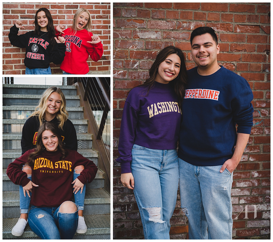 Cap and Gown Senior Photos with College Crewnecks and Jeans | BFF Portraits, Portraits with Your Brother | Photographed by the Best Tacoma Senior Portrait Photographer Amanda Howse