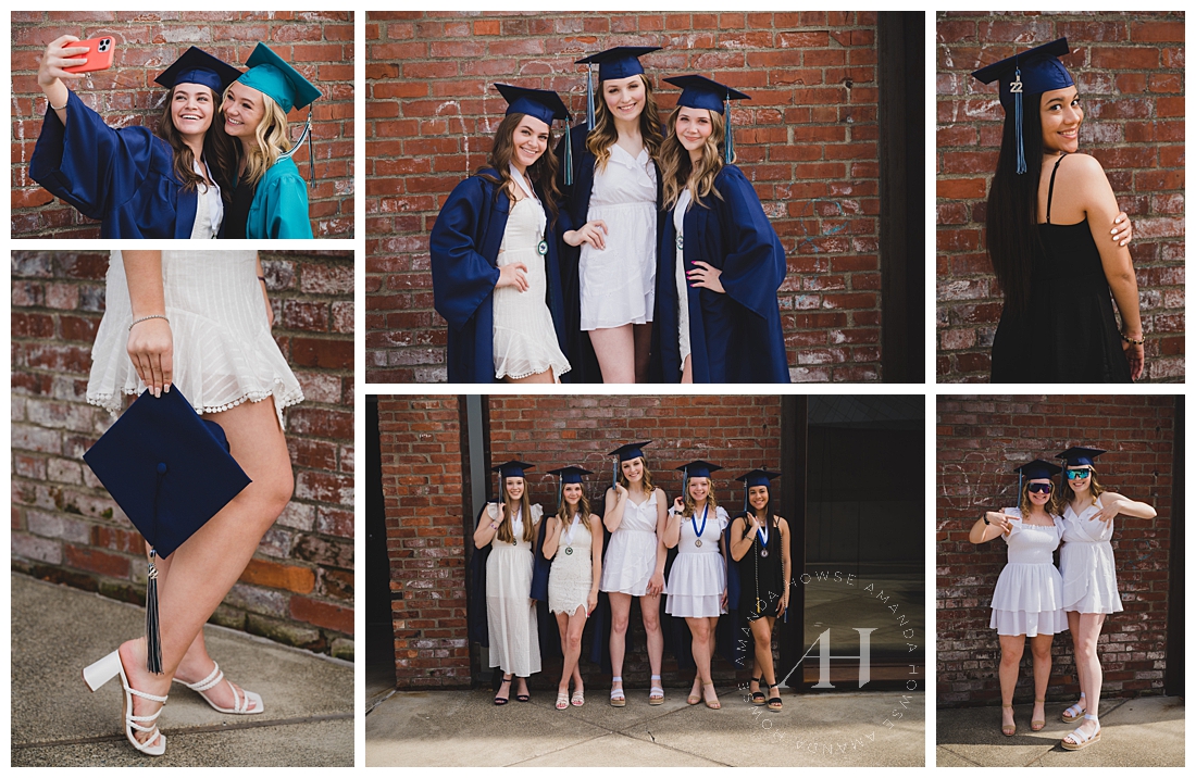 Senior BFF Cap and Gown Photos with Modern Brick Background in Downtown Tacoma | Graduation Inspo for High School Seniors | Photographed by the Best Tacoma Senior Portrait Photographer Amanda Howse