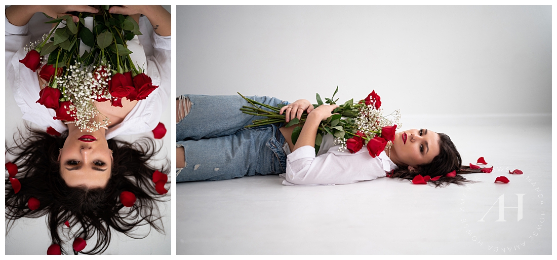 Delani | AHP Model Team Studio Flower Portraits, Red Roses and Baby's Breath | Amanda Howse Photography